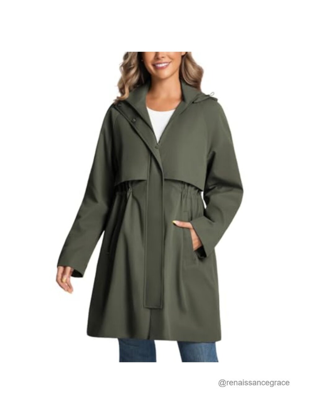 Women's Water Resistant Trench Coat Detachable Hood Drawstring Waist Windproof